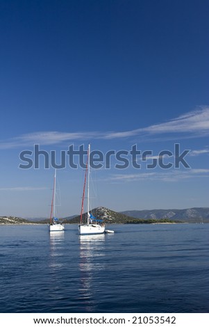 Two sail boats preparing for sailing, Adriatic sea, Croatia