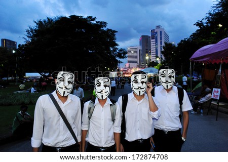 BANGKOK THAILAND- AUG 6: Thai students mask to against government and Thaksin Shinawatra,  former prime minister in protest government day on August 6, 2013 in Lum Phini Park, Bangkok, Thailand.