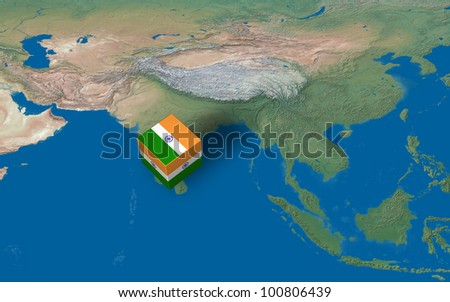 Location of India over the map