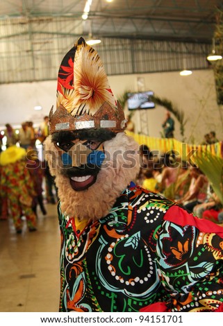 ASSIS, SAO PAULO, BRAZIL - JANUARY 28: An unidentified man in traditional fantasy at the annual religious party of Flag Meeting (Encontro de Bandeiras) on January 28, 2012 in Assis, Sao Paulo, Brazil