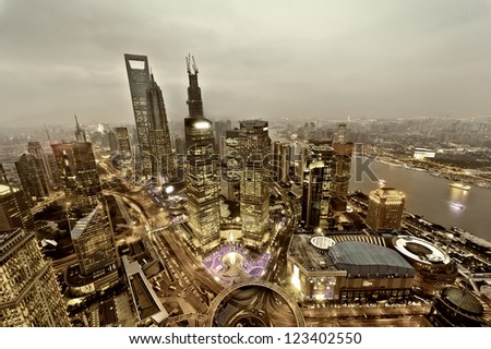 view from the Oriental Pearl TV Tower.shanghai lujiazui financial center aside the huangpu river.