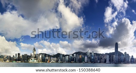 Hong Kong view of Victoria Harbor, Hong Kong Island business district.
