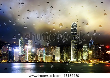Hong Kong night view of Victoria Harbor, Hong Kong Island business district.