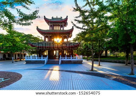 Blue sky and white clouds, ancient Chinese architecture: garden.