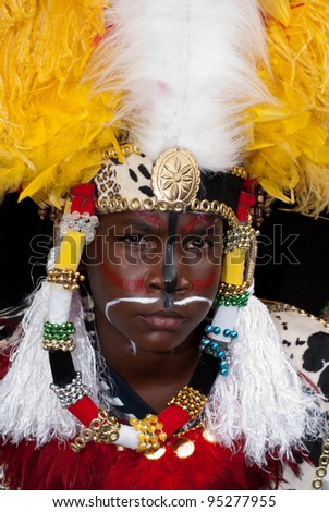 PORT OF SPAIN - FEBRUARY 11: Emanuel Joseph portraying King Warrior during the Red Cross Children’s Carnival celebrations on February 11, 2012 in Port Of Spain, Trinidad & Tobago.