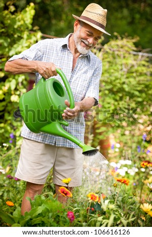 Senior man watering the flowers in  the garden