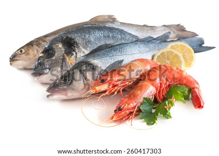 Assorted fresh seafood isolated on white background
