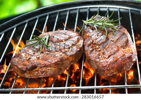Delicious grilled meat with vegetable over the coals on a barbecue