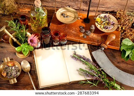 The natural medicine, herbal, medicines and old book with copy space for your text