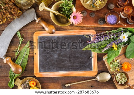 The natural medicine, herbal, medicines and blackboard with copy space for your text