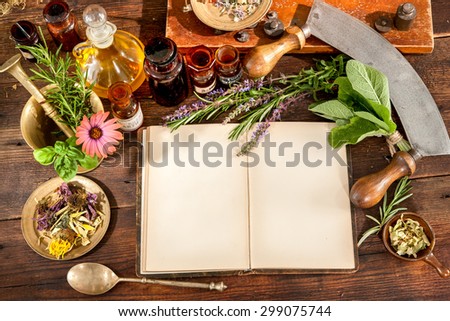 The natural medicine, herbal, medicines and old book with copy space for your text