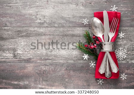 Christmas table place setting. Holidays background