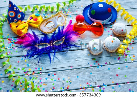 Colorful carnival background with party accessory, streamers and confetti