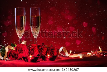 Valentines day background with champagne and roses