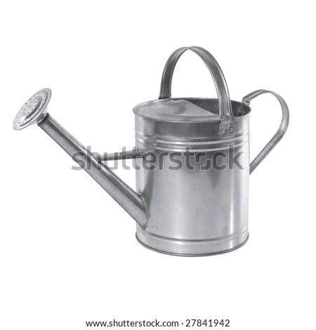 A simple aluminium watering can isolated on white background