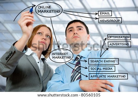 Business people drawing on-line marketing diagram on a transparent wipe board