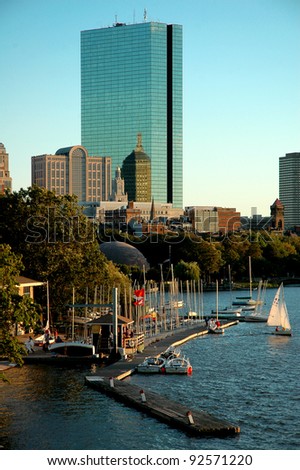 Boston back bay with sailing boat and urban building, Boston, Massachusetts