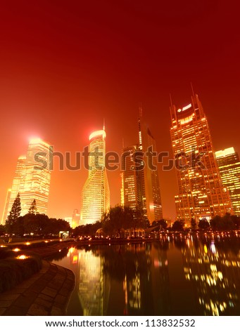 High-rises in Shanghai\'s new Pudong banking and business district, across the Huangpu river from the old city.