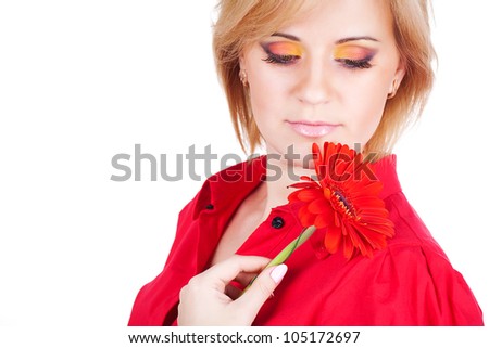 Fresh clear healthy skin on the face of beautiful woman with flower. studio portrait