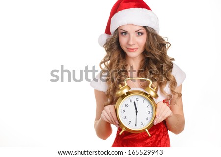 young happy smile woman wear santa clause costume, attractive christmas new year party girl looking at camera hold clock, isolated over white background