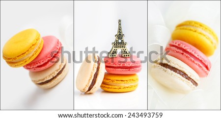 Collage of the pictures with colorful macaroons. Colorful french macaroons. Collage of photos of traditional Parisian cookie