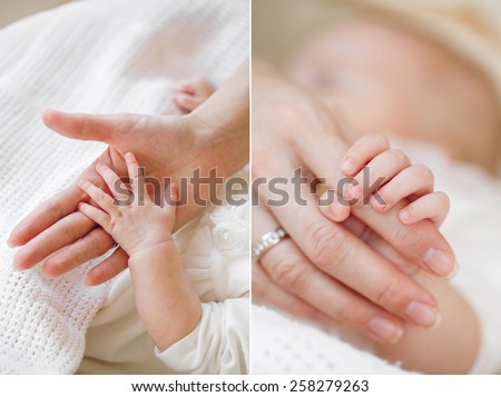Close-up of baby's hands and feet collage. Mother holding baby. Baby's feet. collage newborn. baby in mom's hands. Baby. Mother.