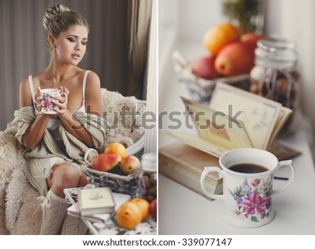 Young woman at home sitting on modern chair in front of window relaxing in her living room reading book and drinking coffee or tea. Autumn. Home. Cozy.Soft cozy photo of woman cup of tea in hands