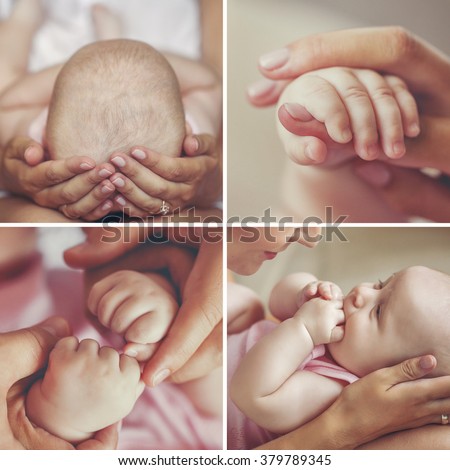 Close-up of baby\'s hands and feet collage. Mother holding baby. Baby\'s feet. collage newborn. baby in mom\'s hands. Mother and baby. Collage. Four pictures. Series. Mother kissing baby