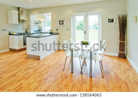 colour image kitchen in newly restored rebuilt house work surfaces