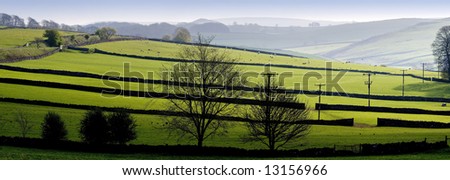 peak district landscape with fields and dry stone walls