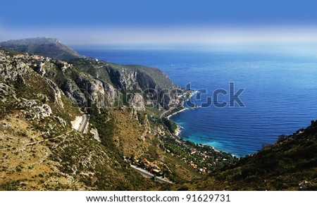 france view of the riviera coast in provence cote d\'azur, french riviera,  alps maritime cap ferrat behind, panorama, panoramic,