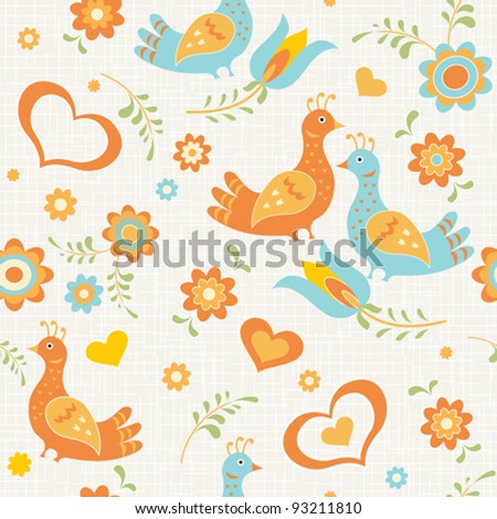 Colorful seamless wallpaper birds, flowers and hearts country style