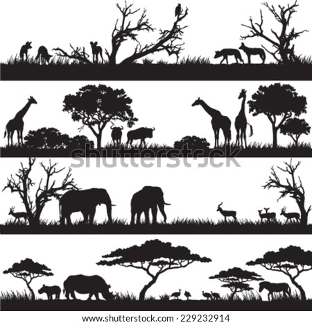 Four panels of african silhouettes with african wild animals in different habitats