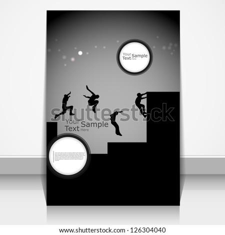 Editable vector silhouettes of men doing parkour on magazine cover