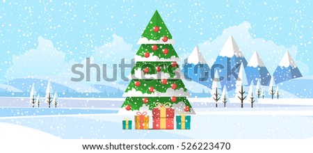 Christmas Tree in Winter Landscape Abstract Flat Illustration.