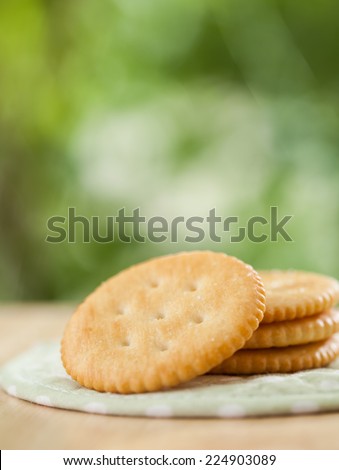 Round salty crackers on nature green bokeh  background