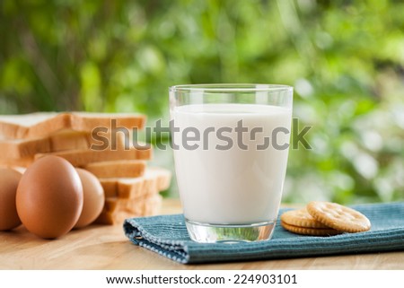 breakfast concept with fresh eggs,milk glass and bread