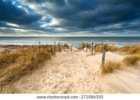 way to stormy North sea beach, North Holland, Netherlands