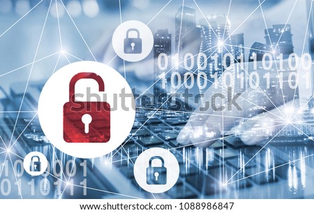 hacker attack and data breach, information leak concept, double exposure futuristic cyber  background with broken lock