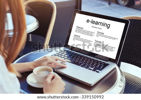 e-learning, education online concept, woman with laptop