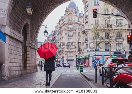 woman with red umbrella walking on the street of Paris, France