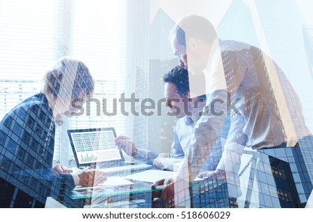 teamwork concept, business team working together, double exposure of meeting
