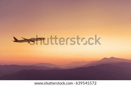 travel concept background, airplane in sunset sky, international flight