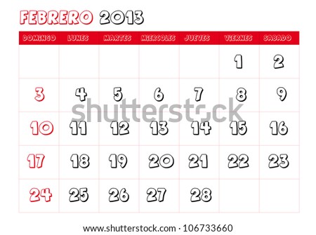 February 2013 Calendar on February 2013 Calendar In Spanish Stock Vector 106733660