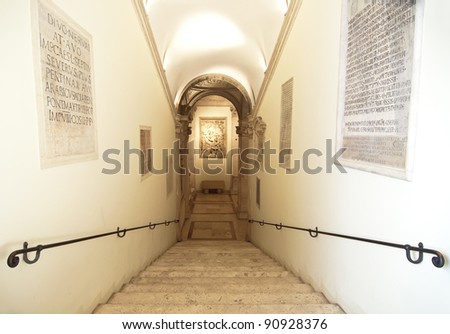 Stairs inside the Capitoline Museums in Rome, Italy. The museum was opened to the public at the wish of Pope Clement XII in 1734.