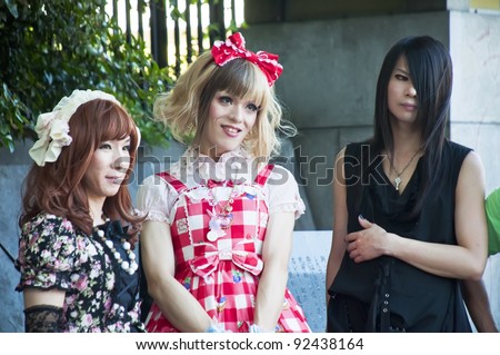 TOKYO,JAPAN-JULY 10:Unidentified people dressed in Harajuku district on July 10, 2011 in Tokyo,Japan.It is meeting point for young people every Sunday and exhibit unique fashion styles and avant-garde