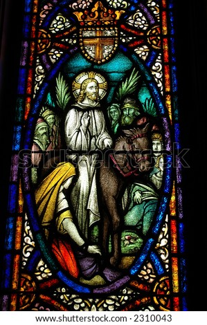 Stained glass - Jesus on Palm Sunday.