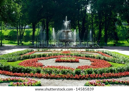 Garden with red flowers and fountain