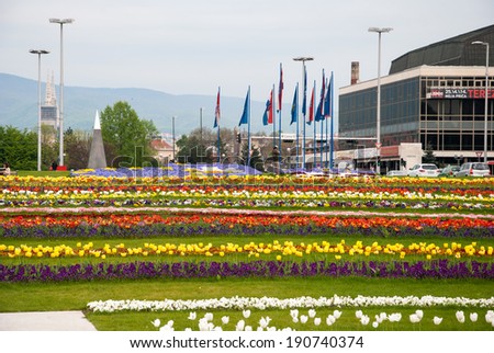 ZAGREB, CROATIA - April 12, 2014 - City view from flower garden near Bandiceve fountains.