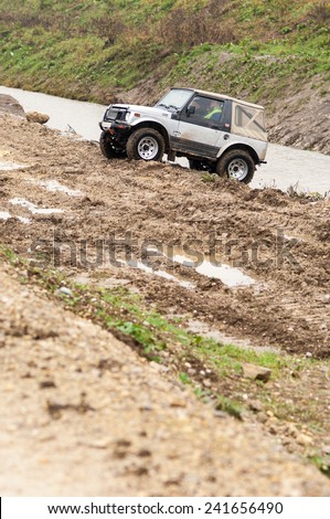 Sveta Nedelja, Croatia - October 30, 2014: 5th Rally Show Santa Domenica. An off-road car leaves steep slope.